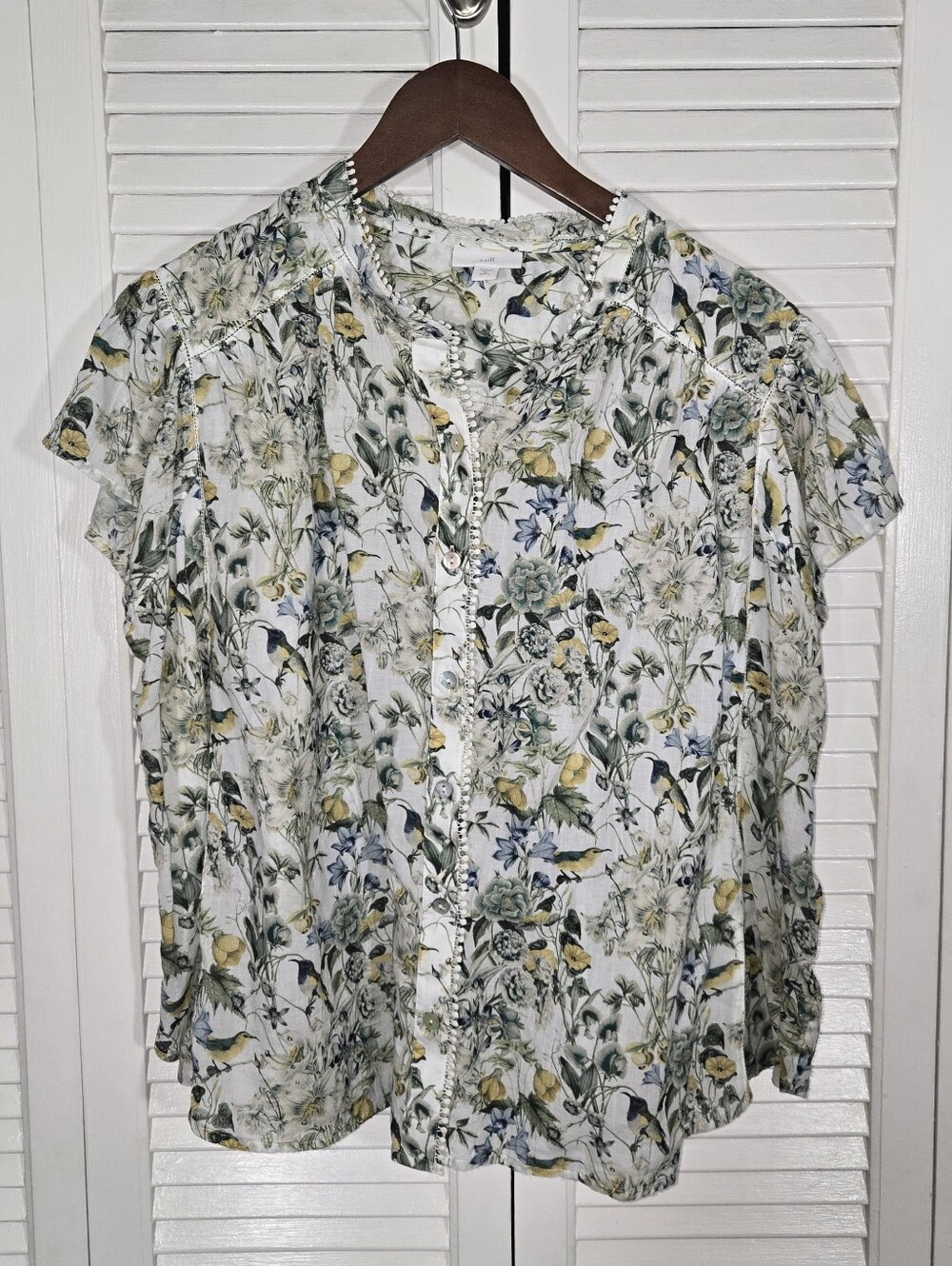 J Jill Shirred Trim Cap Sleeve A Line Button Front Bird Print Blouse Sz XL P